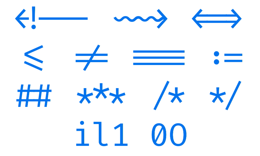 coding ligatures and capital i lower l number 1 number 0 capital o in font Fira Code