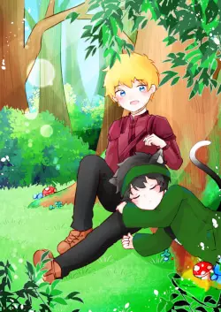 Crystal Down Cover: boy with cat ears sleeps on the lap of another boy